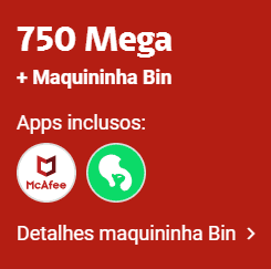 750 Mega package with Maquininha Bin includes McAfee and another app on a red background.