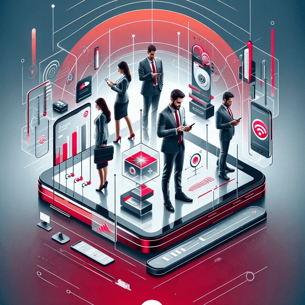 Futuristic illustration of business professionals on a giant smartphone, surrounded by digital and network symbols.