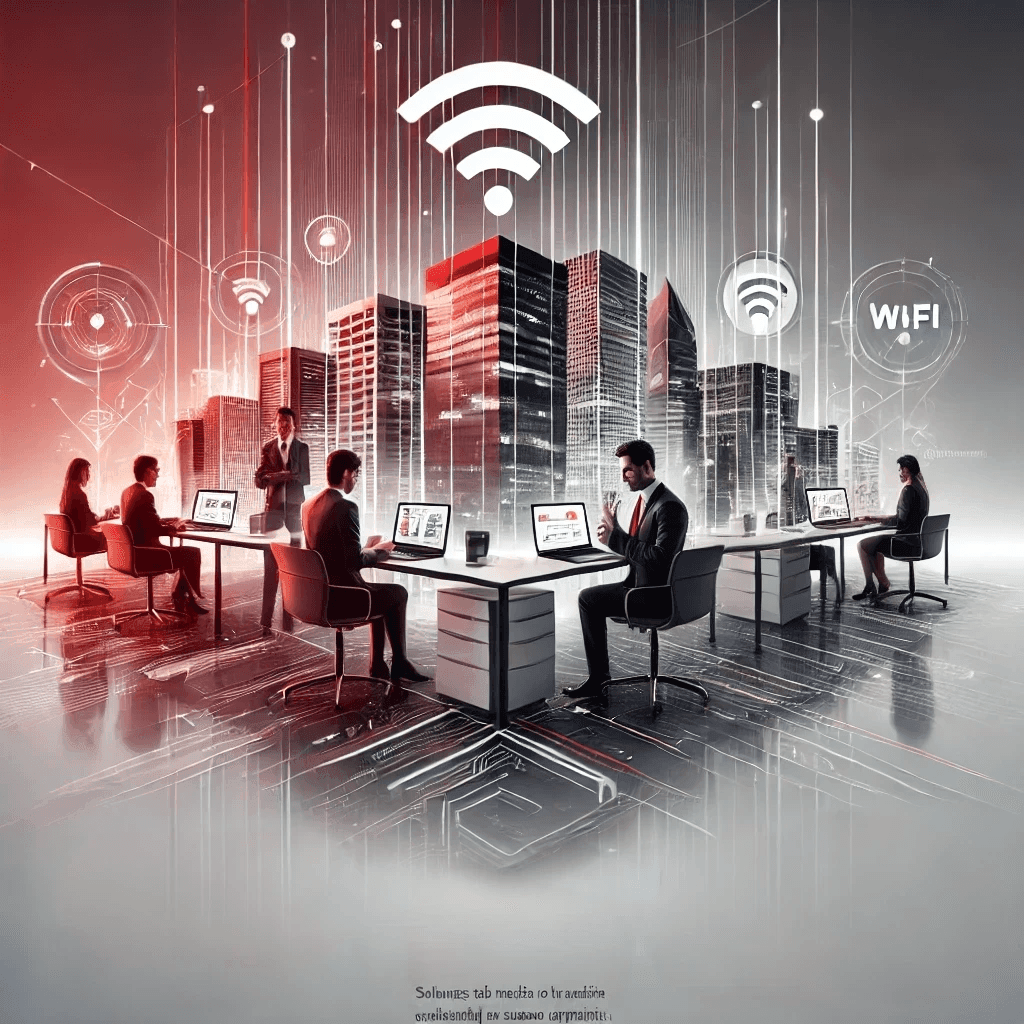 Digital art of an office with people working on computers, surrounded by skyscrapers and wifi symbols.