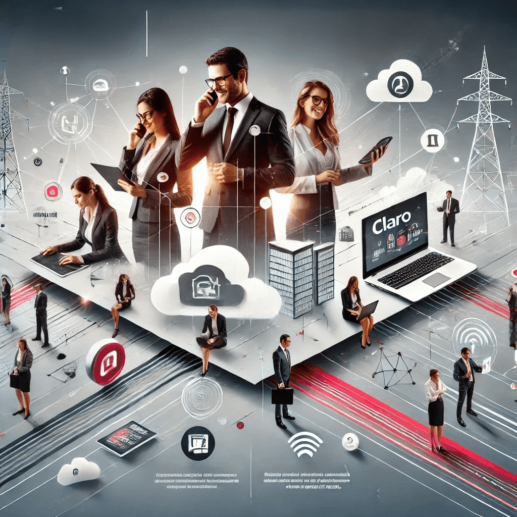 Business professionals using technology, with digital icons and network connections in a futuristic setting.