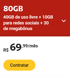 Mobile plan advertisement offering 80GB for R$69.99/month with specific usage breakdown.